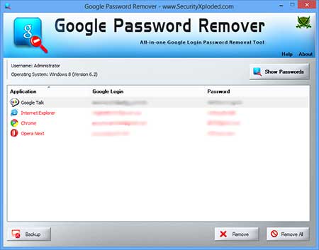 GooglePasswordRemover showing recovered passwords